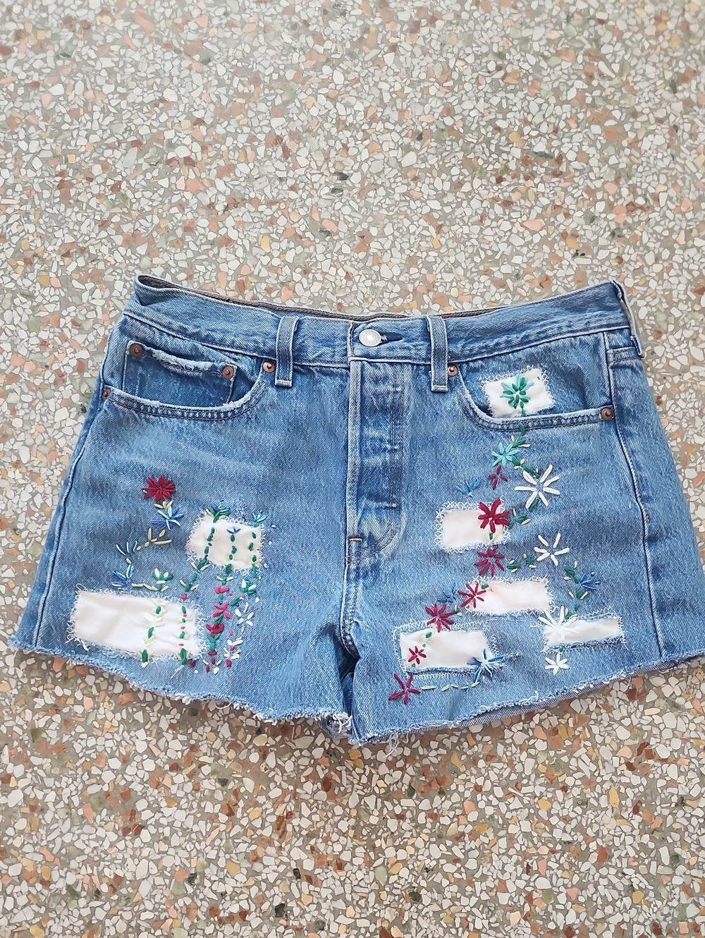 Levi's Blue Denim Shorts with Multicolor Floral Embroidery